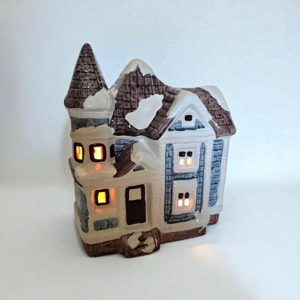 Lidco Ceramic Chirstmas House Glossy Blue Brown Snow Capped Lighted Vintage
